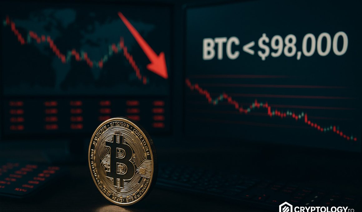 Bitcoin coboară sub 98.000 de dolari în contextul scăderilor globale pe piețele financiare